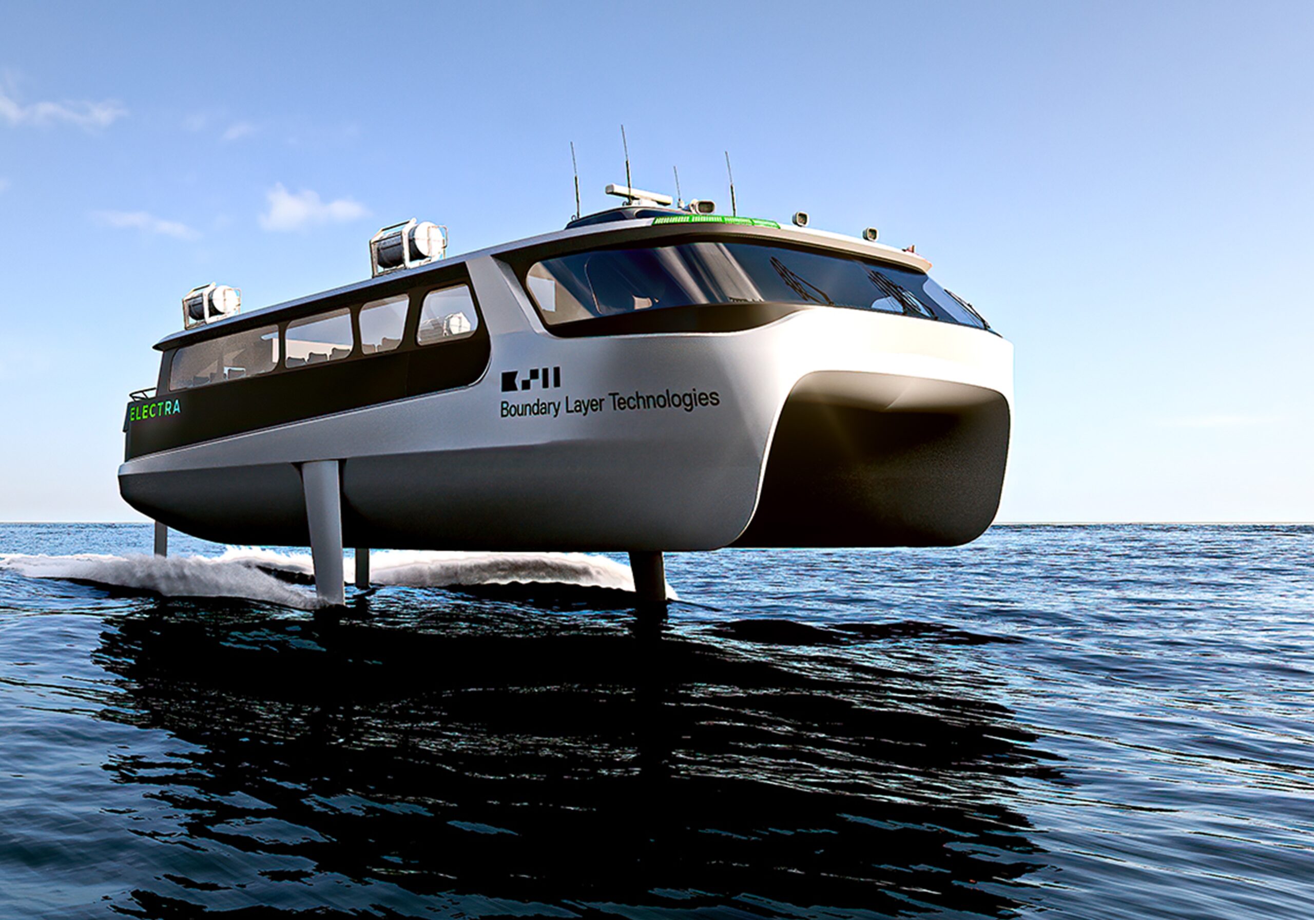 A futuristic ferry floats above the water.